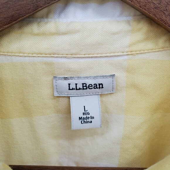 L.L.Bean Womens L Yellow White Plaid Cotton Button Up Shirt Collared Classic - Picture 12 of 16
